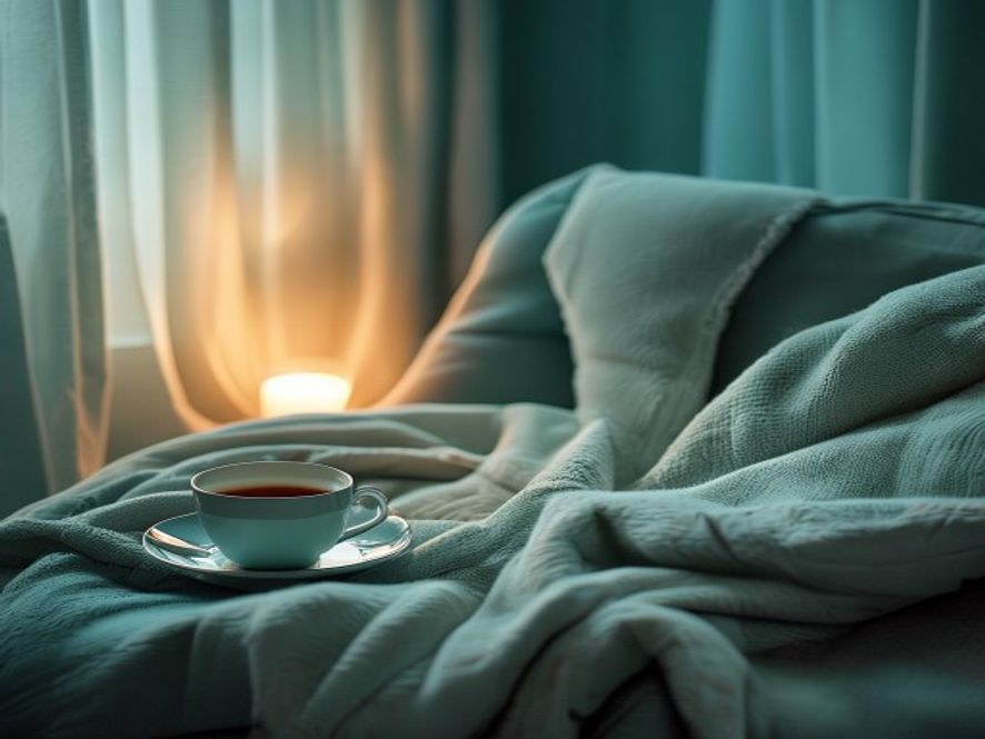 Dimly lit evening space with tea cup and soft blanket on a comfortable chair
